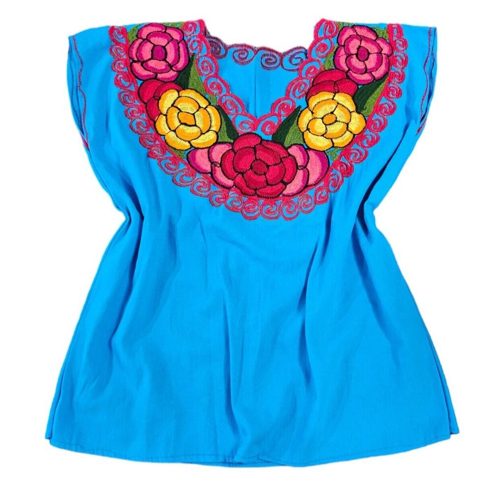 Embroidered Mexican Top Womens S/M Floral Peasant Boho Aqua Native Traditional
